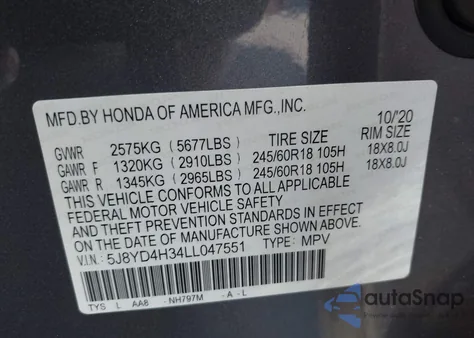 2020 Acura Mdx Standard из США, поврежденный, VIN 5J8YD4H34LL047551